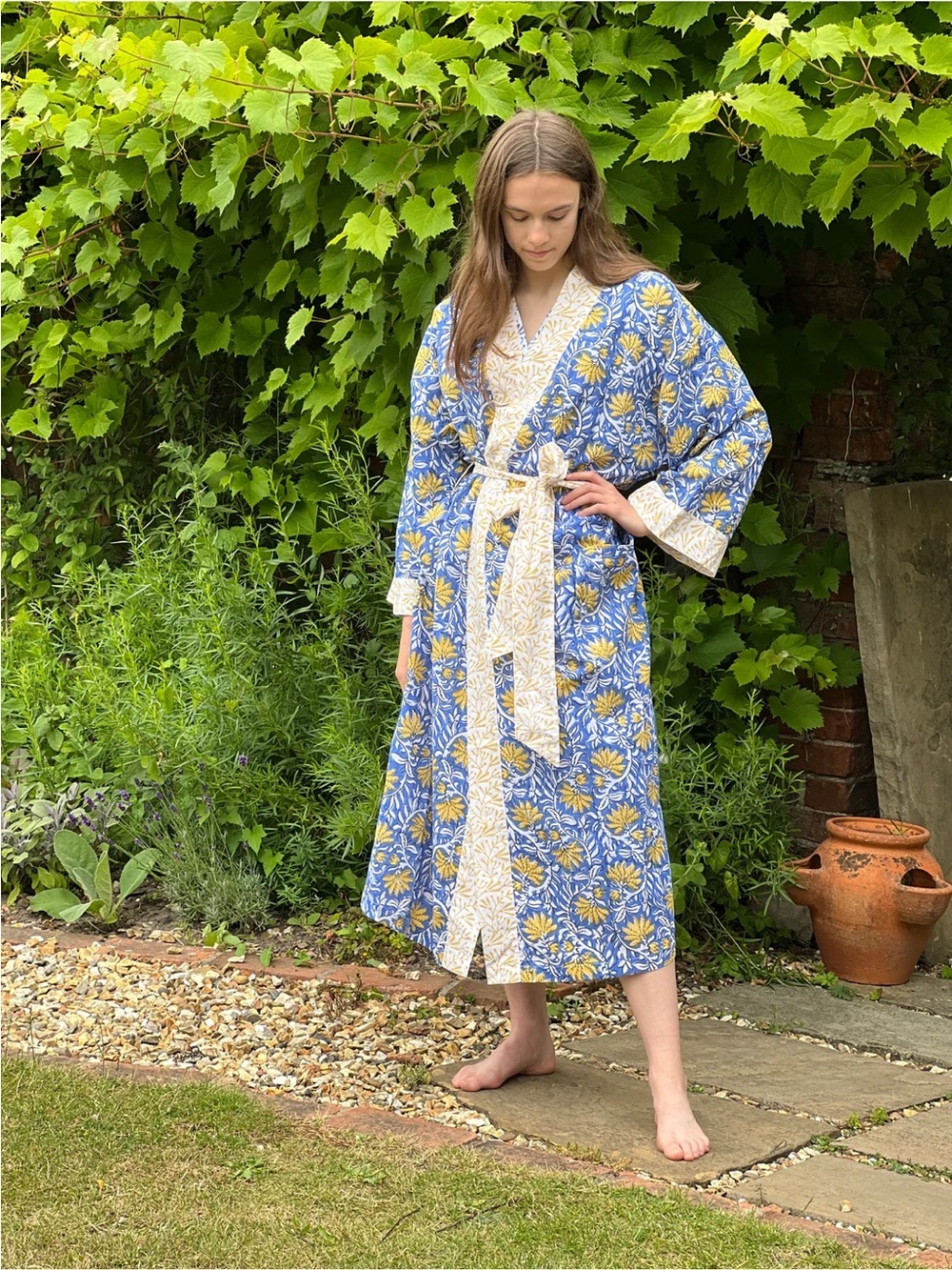 NWT Lime Tree Design Full Length Cotton Kimono Jaipur Blue & Yellow - Picture 11 of 11